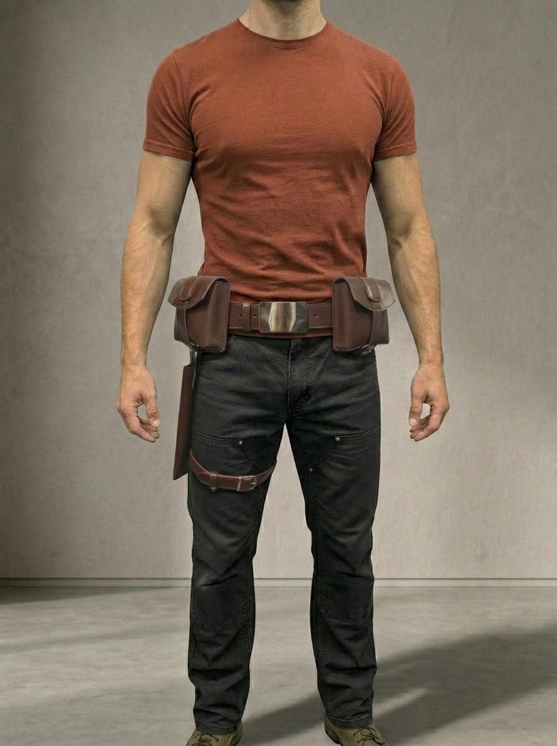 Op de afbeelding: Een roestkleurig T-shirt met korte mouwen gecombineerd met een zwarte broek en een bruine leren gereedschapsriem. De riem is voorzien van twee zijtassen, een centrale metalen gesp en een bruine leren beenband aan een holster.