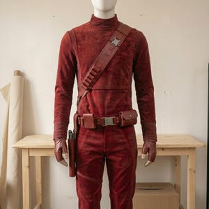 May include: A dark red long-sleeved mock neck top and matching trousers worn with a brown leather utility belt and a diagonal shoulder strap. The belt features two small pouches and a holster, while the shoulder strap includes a metal buckle.