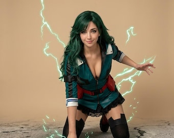 Green Hero Cosplay Jacket - Anime Superhero Uniform Top - Teal Heroine Costume Jacket