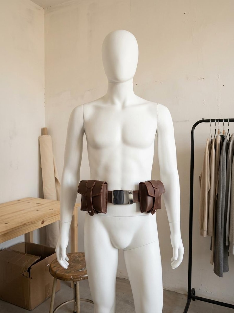 May include: A brown leather utility belt featuring two matching pouches on either side and a large, rectangular, polished silver-tone metal buckle at the centre. The belt is worn around the waist of a white, featureless, abstract mannequin torso.
