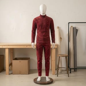 May include: A deep red long-sleeve mock neck shirt and matching slim-fit trousers displayed on a white mannequin. The garment features a textured, suede-like finish across the chest and sleeves, with a clean, solid-colored design throughout.