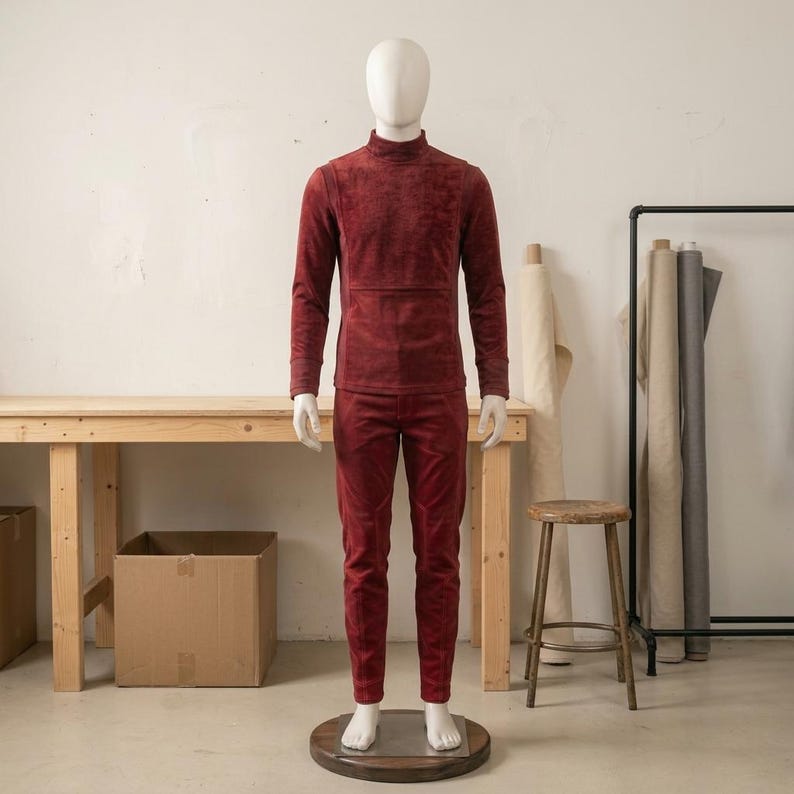 May include: A deep red long-sleeve mock neck shirt and matching slim-fit trousers displayed on a white mannequin. The garment features a textured, suede-like finish across the chest and sleeves, with a clean, solid-colored design throughout.