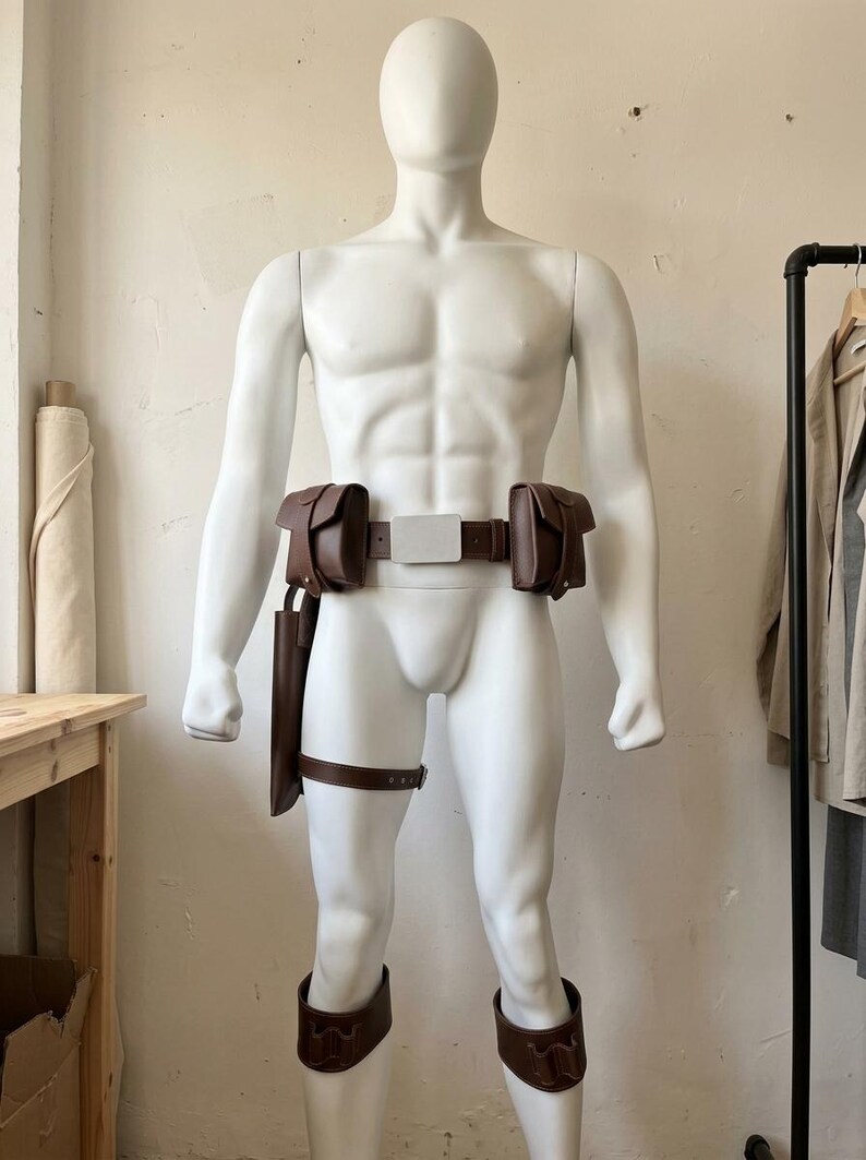 May include: A brown leather utility belt set featuring two side pouches, a central rectangular buckle, a long holster attachment on the right side with a thigh strap, and two matching brown leather leg guards worn on the lower thighs.