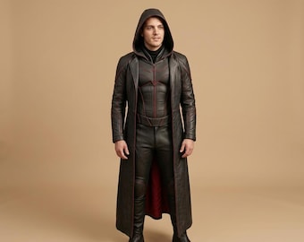 Dark Knight Vigilante Leather Cosplay Suit Hooded Trench Coat – Custom Red Accents Halloween Costume
