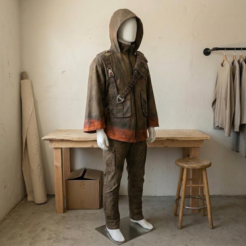 Pu&ograve; includere: Una giacca con cappuccio e pantaloni abbinati in una finitura marrone invecchiata con polsini dai toni arancioni. La giacca presenta una cerniera frontale, tasche multiple e una tracolla diagonale con fibbia in metallo sul petto.