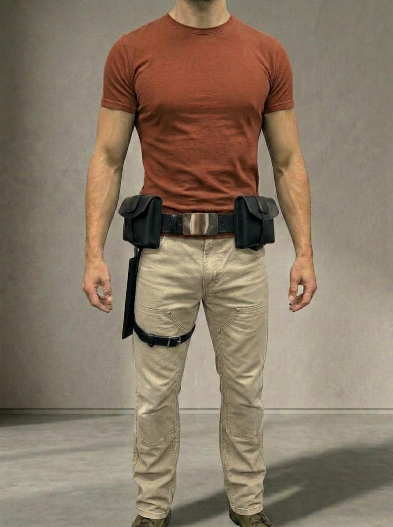 Op de afbeelding: Een roestkleurig T-shirt met korte mouwen gecombineerd met een beige broek en een zwarte utility-riem. De riem is voorzien van twee zwarte tasjes aan de zijkanten, een zilverkleurige rechthoekige gesp en een zwarte beenband.