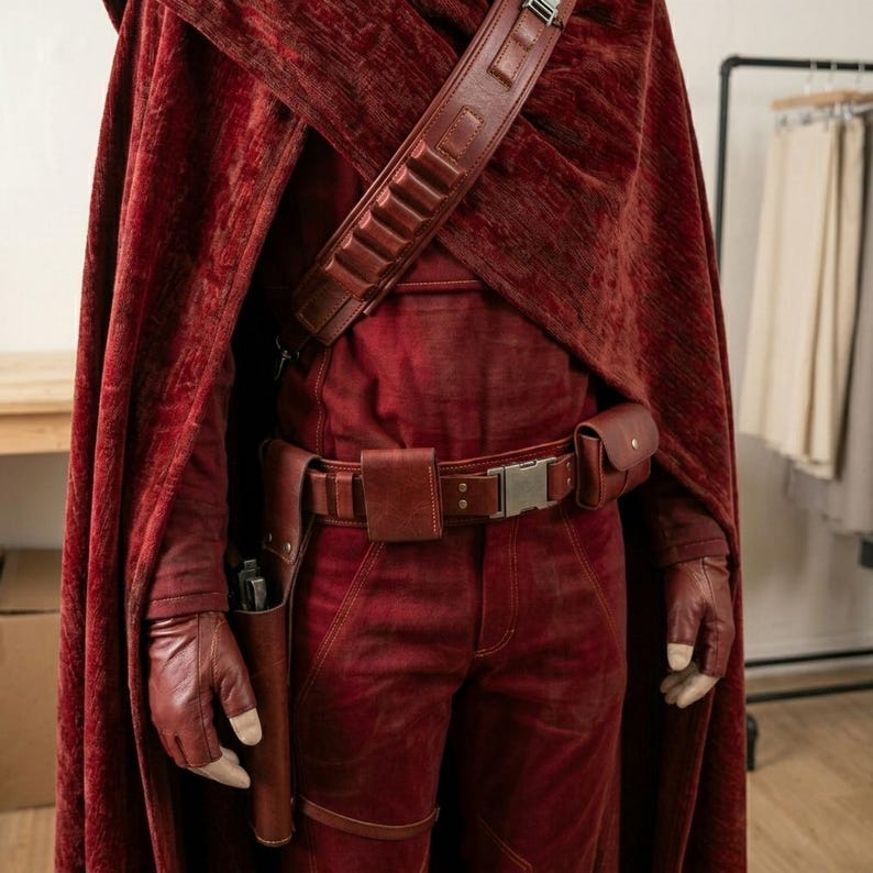 May include: A deep red textured cloak worn over a matching red shirt and trousers. A brown leather utility belt with a holster and pouches is worn at the waist, complemented by a matching brown leather bandolier strap across the chest and gloves.