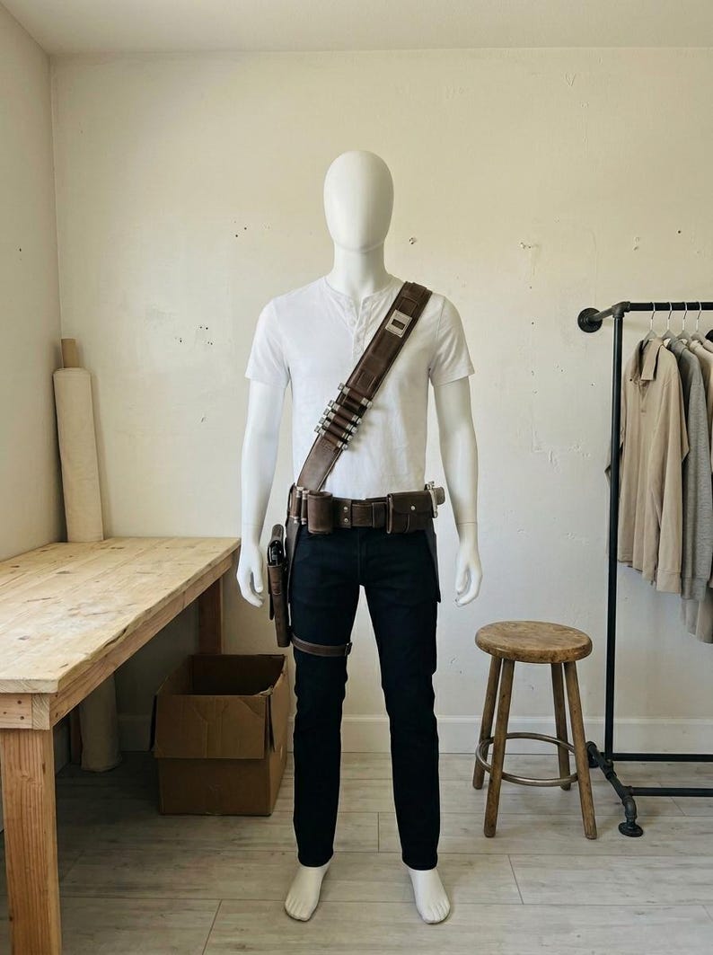 Pode incluir: Uma camisa henley branca, cal&ccedil;as de ganga azul-escuras e um cinto utilit&aacute;rio de couro castanho com al&ccedil;a de ombro a condizer. O cinto apresenta v&aacute;rios bolsos, um coldre para arma e uma s&eacute;rie de detalhes cil&iacute;ndricos met&aacute;licos na al&ccedil;a.