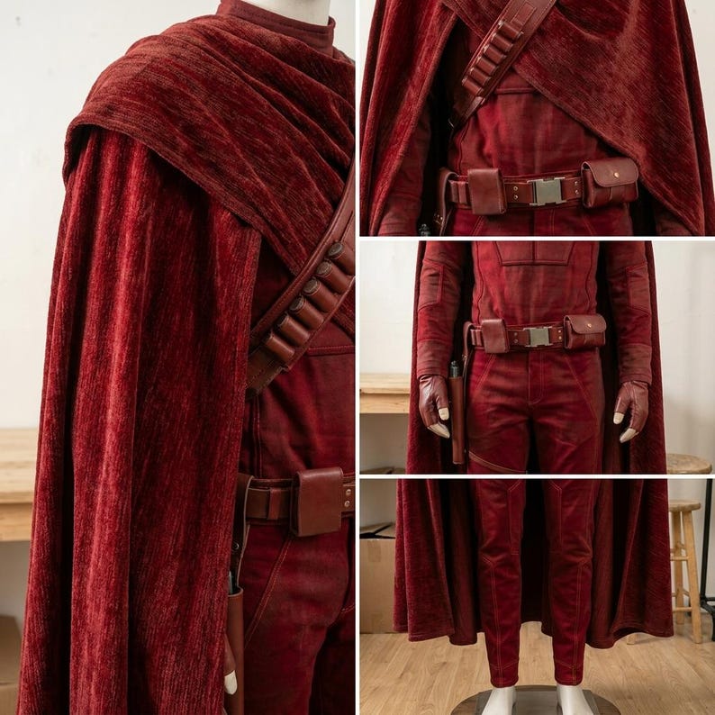 May include: A deep red textured costume featuring a long cape, a matching long-sleeved top, and trousers. The outfit includes a brown leather utility belt with pouches, a shoulder strap with cylindrical loops, and matching brown leather gloves.