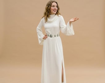 Princess Leia Inspired White Dress – Galactic Rebel Leader Costume with Metallic Belt
