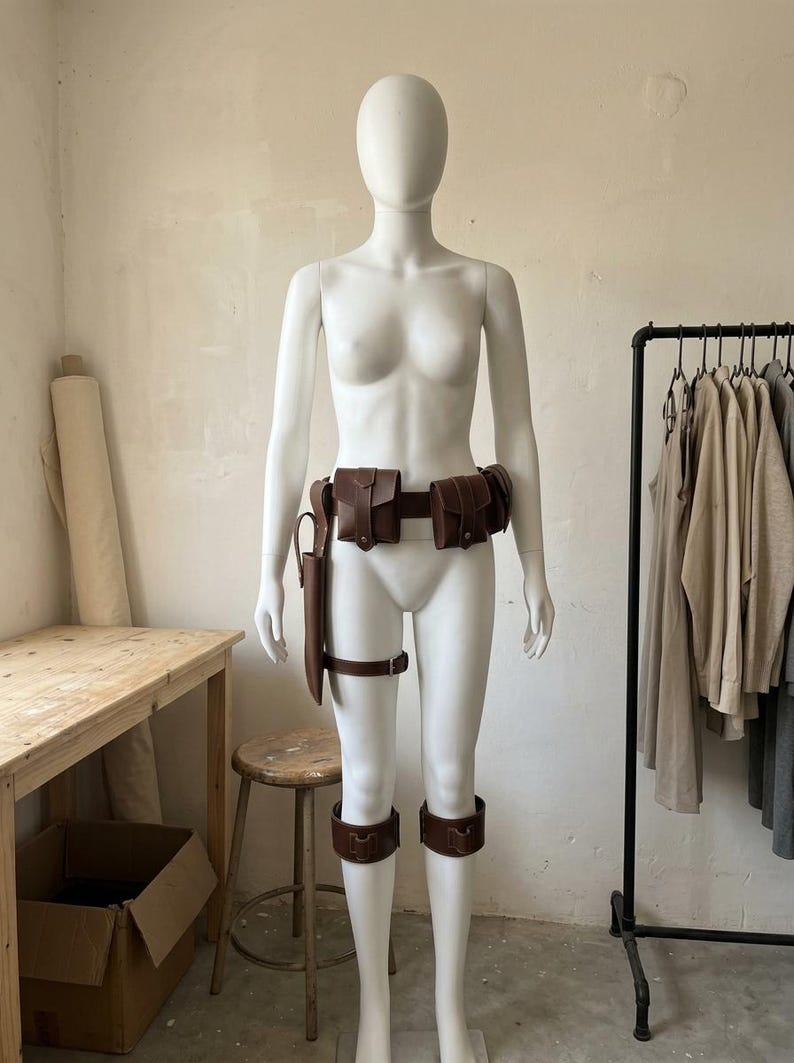 May include: A brown leather utility belt set featuring multiple pouches, a holster attached to a thigh strap, and two matching leg bands. The set is worn around the waist and legs, constructed with dark brown leather and secured with metal hardware.