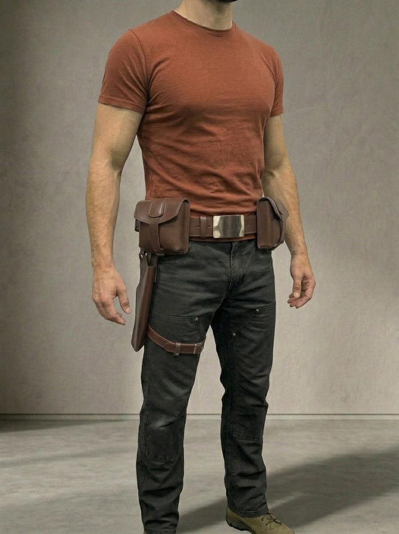 Op de afbeelding: Een roestkleurig T-shirt met korte mouwen gecombineerd met een donkergrijze broek en een bruine leren utility-riem. De riem heeft een grote rechthoekige zilveren gesp, twee zijzakken en een lang holster dat met een beenband is bevestigd.