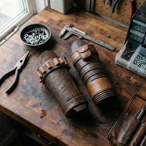 May include: Two brown leather arm guards with decorative stitching and straps. One has a series of small rectangular straps, and the other has a small flap with a button. The arm guards are on a wooden surface with tools.