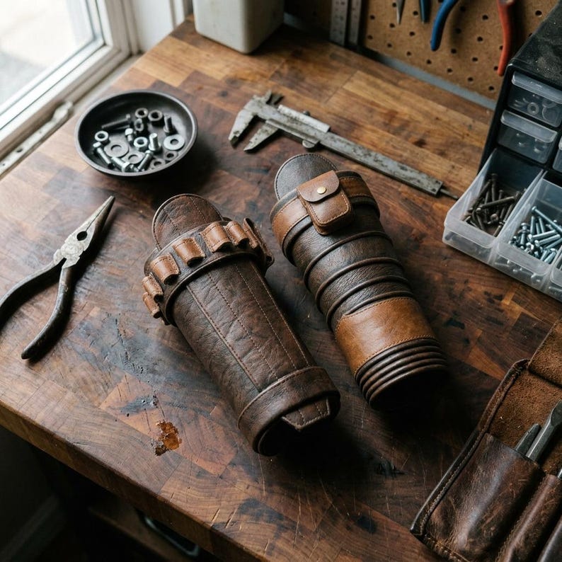 May include: Two brown leather arm guards with decorative stitching and straps. One has a series of small rectangular straps, and the other has a small flap with a button. The arm guards are on a wooden surface with tools.