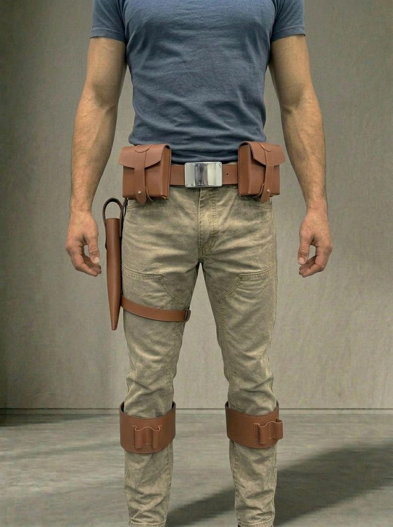May include: A brown leather utility belt system featuring two rectangular pouches, a large silver-toned buckle, and a holster attached to a thigh strap. The set includes two matching brown leather leg bands with integrated loops, worn over tan trousers.