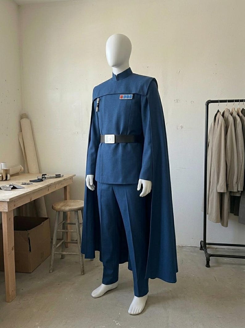 K&ouml;nnte beinhalten: Ein blaues Uniformset bestehend aus einer Tunika mit Stehkragen und Umhang, passender Hose und einem schwarzen G&uuml;rtel mit silberner Schnalle. Die Tunika hat ein rechteckiges Rangabzeichen mit farbigen Quadraten auf der Brust und einen Zylinder.