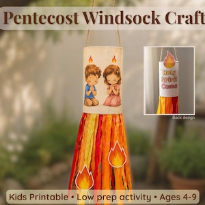 May include: A handmade Pentecost Windsock craft for kids. The cylindrical body features illustrations of children praying with flames above their heads. The bottom is adorned with colorful ribbons. The text "Holy Spirit Come" is visible on the back design.