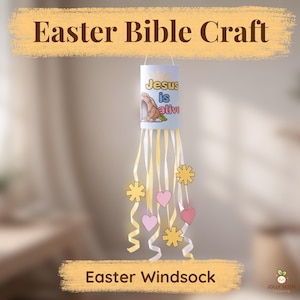 Plantilla de manga de viento de Pascua para niños con la imagen de Jesús vivo en la tumba vacía (descarga digital)