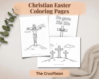 Páginas para colorear cristianas de Pascua, escena de la crucifixión, actividad imprimible de Semana Santa para niños (descarga digital)