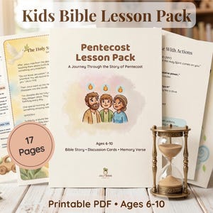 May include: A collection of children's Bible lesson materials, including a "Pentecost Lesson Pack" with illustrations of people and flames. The pack includes discussion cards and memory verses. The materials are for ages 6-10 and are a printable PDF.