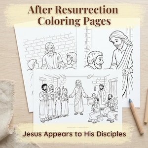 Puede incluir: Páginas para colorear en blanco y negro con el texto "After Resurrection Coloring Pages" y "Jesus Appears to His Disciples". Las páginas representan escenas de la Biblia. Tres lápices de colores están a la derecha.