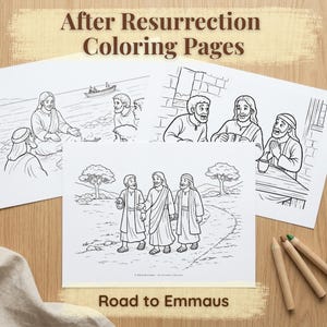 Puede incluir: Páginas para colorear "Después de la Resurrección" con ilustraciones de escenas bíblicas, incluyendo el camino a Emaús. La imagen muestra varias páginas para colorear con dibujos lineales en negro, junto con lápices de colores. El texto "After Resurrection Coloring Pages" y "Road to Emmaus" son visibles.