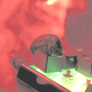Op de afbeelding: Een zwarte en grijze Alien-thema keycap zit op een mechanisch toetsenbord. De keycap is gedetailleerd met de Alien's kop. Het toetsenbord heeft groene en gele achtergrondverlichting.