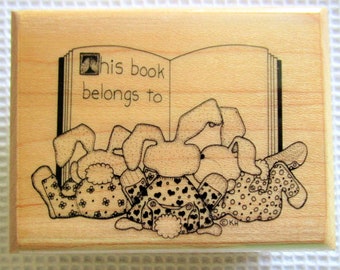 Bunnies Bookplate Rubber Stamp by Mostly Animals This Book Belongs To Bedtime Story