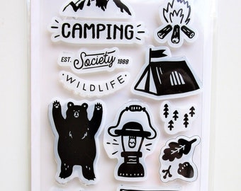 Wildlife Society Cling Stamps Set 17 pcs ~ Camping Bear Forest Leisure ~ Daiso Japan