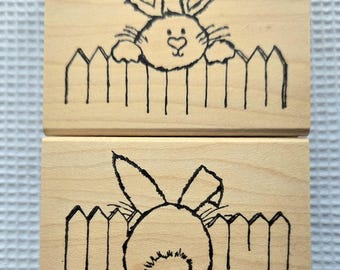 Lot de 2 tampons en caoutchouc Lapin sur la clôture, recto/verso par Great Impressions, Tampons Lapin mignon