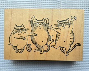 Vintage des années 80 tampon aérobic chats toute la nuit médias exercice minous humour animal monté sur bois