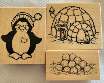 Penguin Igloo Snowballs Rubber Stamps 3 Pc Set by Darcies Vintage Wood Mounted Cute Winter Animal Snow