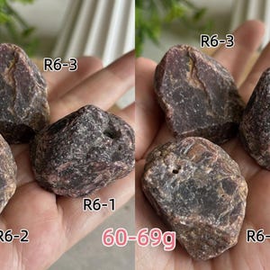 Peut inclure: Trois pierres brutes brun-rouge fonc&eacute; avec des surfaces irr&eacute;guli&egrave;res et textur&eacute;es et des trous visibles. Les pierres sont &eacute;tiquet&eacute;es R6-1, R6-2 et R6-3, avec le texte 60-69g affich&eacute; en rose, indiquant la plage de poids de ces sp&eacute;cimens min&eacute;raux.