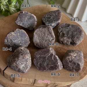 Peut inclure: Une collection de huit pierres brutes rouge-violet fonc&eacute; &eacute;tiquet&eacute;es R4-1 &agrave; R4-8, avec une plage de poids de 40-49g. Les pierres ont des surfaces irr&eacute;guli&egrave;res et textur&eacute;es et sont dispos&eacute;es sur une tranche de bois circulaire avec des grains.