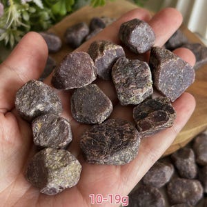 Peut inclure: Une collection de pierres de grenat brutes, brun rouge&acirc;tre fonc&eacute;, aux surfaces irr&eacute;guli&egrave;res et facett&eacute;es. Les pierres varient en forme et en texture, certaines montrant des structures cristallines. Le texte 10-19g indique le poids.