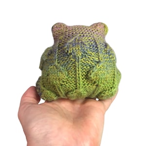 May include: A knitted frog toy in shades of green, yellow, and purple is held in a hand. The frog has a textured, detailed pattern and a rounded shape. The toy is set against a white background.
