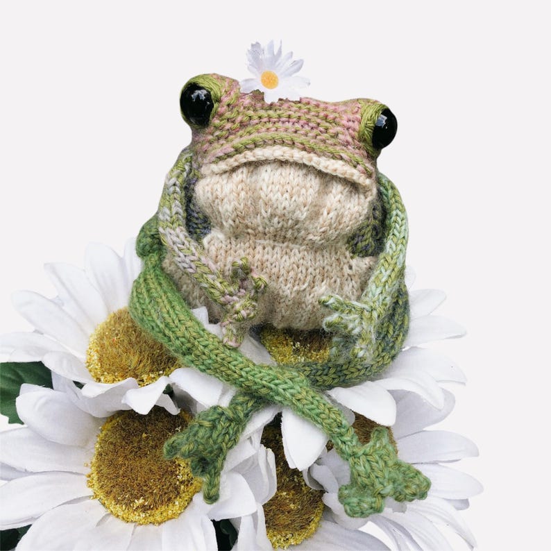 May include: A handmade knitted frog with large black eyes, wearing a daisy crown, and sitting on a large white daisy. The frog is primarily green, beige, and pink, with green arms wrapped around the flower.