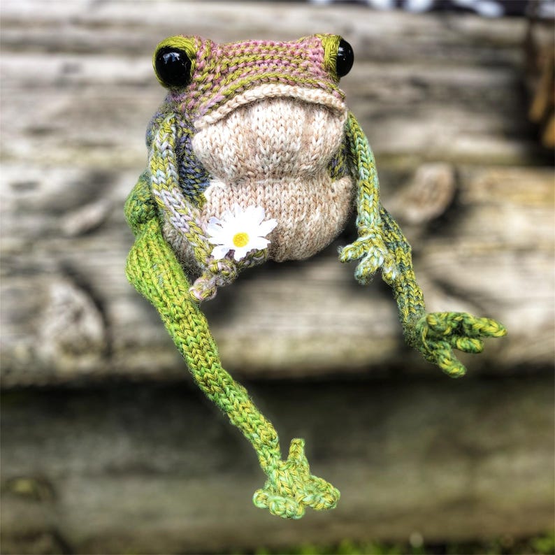 May include: A handmade knitted frog figurine with large black eyes and a white daisy. The frog is primarily green, beige, and pink, with detailed stitching. It appears to be sitting, with its legs extended. A charming, whimsical decorative item.