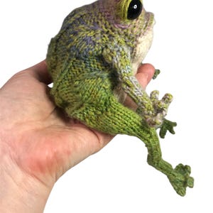 May include: A knitted frog figurine in shades of green, purple, and cream. The frog has large black eyes and is posed with its legs extended. The handmade amphibian is held in a hand against a white background.