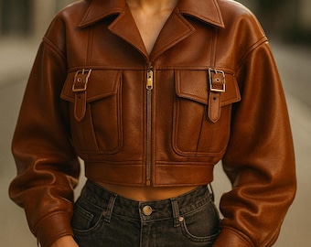 Jaqueta cropped de couro marrom – Casaco com zíper estilo vintage
