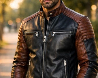 Chaqueta de motociclista de cuero genuino bicolor para hombre – Negro Marrón, acolchada en los hombros, corte ajustado.