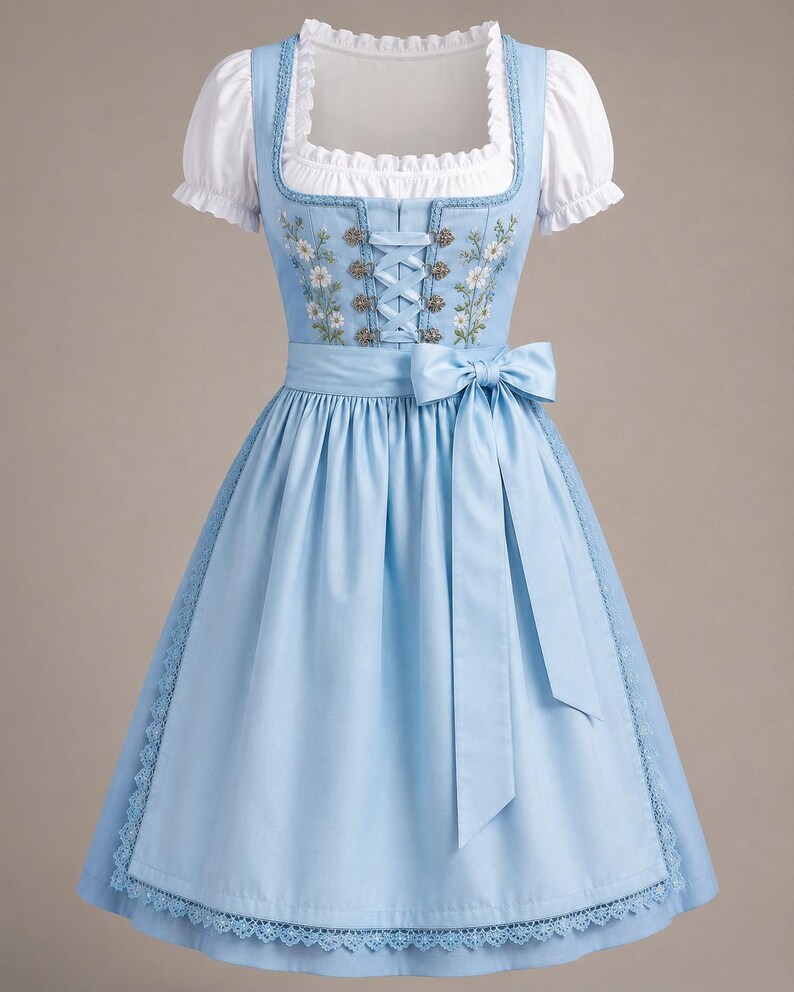 May include: A light blue dirndl dress featuring a white blouse with short puff sleeves, a square neckline, and a bodice with floral embroidery and silver-toned metal hooks for lacing. The skirt includes a matching apron with a tied bow at the waist.