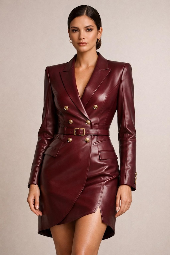 burgundy leather blazer dress Handmade Sheepskin Blazer Dress