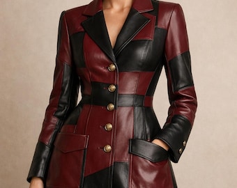Kunstleder Patchwork Mantel Kleid | Zweifarbiger Blazer