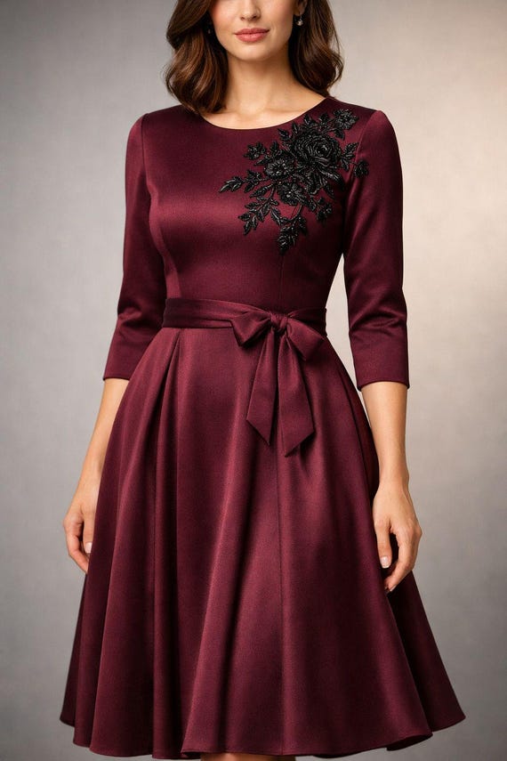 Burgundy Wool Dress for Women ,floral Embroidered A-line Dress With Waist Tie Bow - Etsy Burgundy Wool Dress for Women ,floral Embroidered A-line Dress With Waist Tie Bow - Etsy