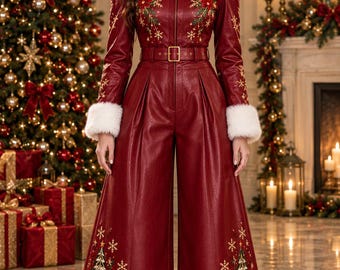 Tuta natalizia bordeaux da donna, tuta in pelle ricamata a gamba larga, bordo in pelliccia sintetica bianca, completo natalizio in pelle