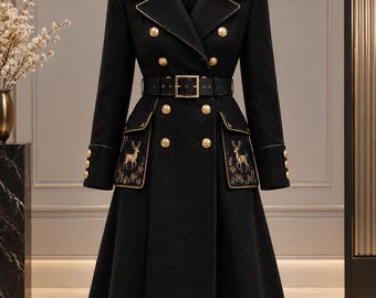 May include: A black double-breasted long coat featuring a faux fur collar, gold-tone buttons, and a matching belt. The front pockets display gold embroidered deer motifs. The text "SLESH INDUSTRY" is visible at the top of the garment display.