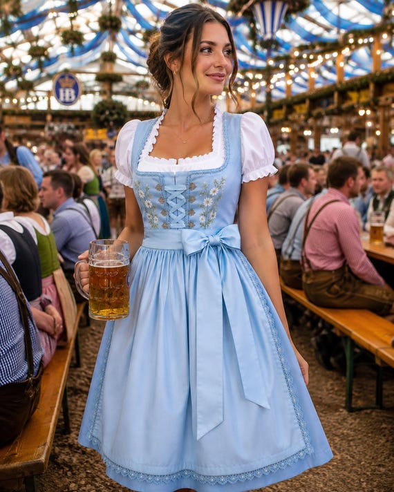Blue Cotton Dirndl Dress, Bavarian Oktoberfest Outfit with Satin Apron, Floral Embroidered Bodice & White Blouse