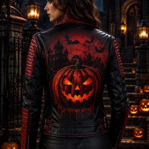 Gotisk pumpa-bikerjacka, svartröd läderjacka för Halloween bild 3