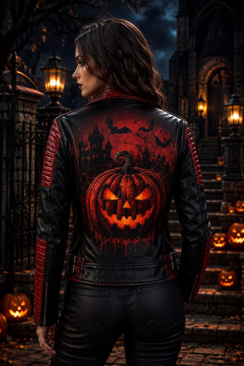Gotisk pumpa-bikerjacka, svartröd läderjacka för Halloween bild 3